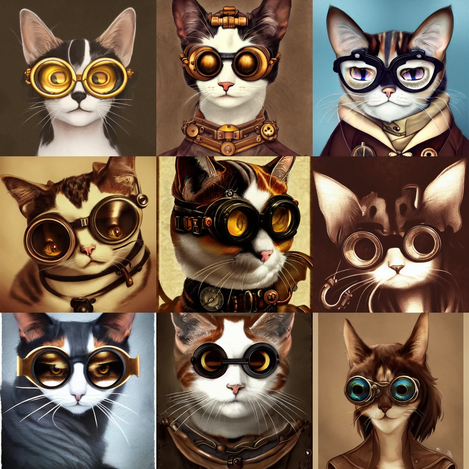 Prompt: a calico cat portrait with steampunk googles, by ROSS tran, studio ghibli inspired, sepia