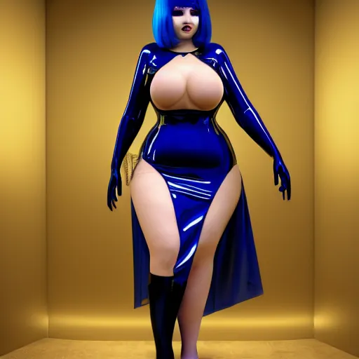 Prompt: curvy feminine hot goth cutie in a sublime elegant polished blue-gold latex neck-high gown with fishnet accents and polished latex stockings, thin waist, cgsociety, photorealistic, comfy ambience, idealistic, 16k, smooth, sharp focus, trending on ArtStation, volumetric lighting, fully clothed, worksafe