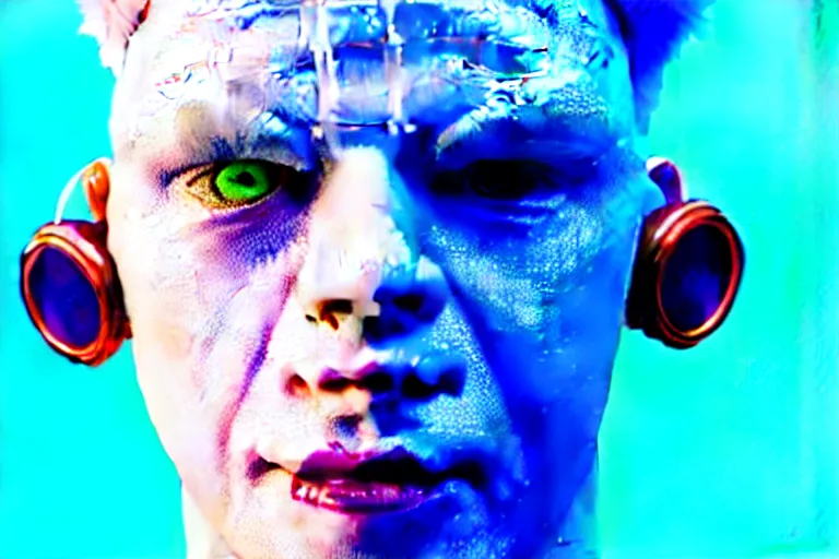 Image similar to a close - up risograph of cyberpunk albinism model men wearing lots of transparent and cellophane accessories, huge earrings and queer make up, blue hour, twilight, cool, portrait, crispy, full - shot, blue sky, kodachrome, photo by mayumi hosokura, style by moebius