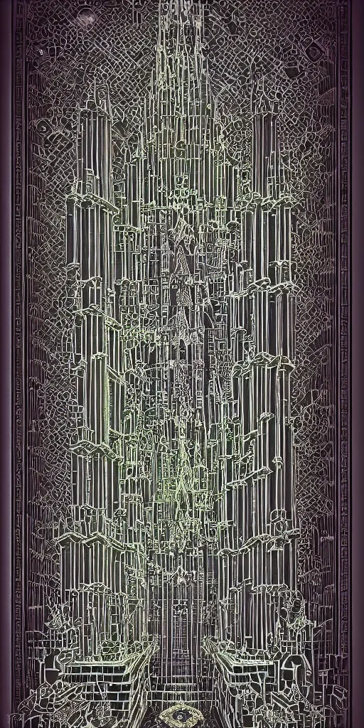 Prompt: photographic isometric cathedral, gothic, baroque, black paper tarot, bringer of glowing light and life, mystical, intricate #voxelart ornamental #magica voxel oriental tarot tower floral flourishes, technology meets fantasy, glass, copper, steel, emerald, diamond, amethyst, glass, map, infographic, poster, concept art, octane, 8k insane detail, fine detail, intricate detail, style of monument valley, wes anderson