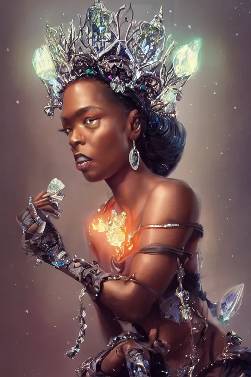 Image similar to beautiful black model wearing crystal crown full of jewels, cyberpunk, 3 d render, hyper realistic detailed portrait, holding ice flowers, scifi, fantasy, hyper detailed, octane render, concept art, peter mohrbacher, artgerm, ruan jia, wlop