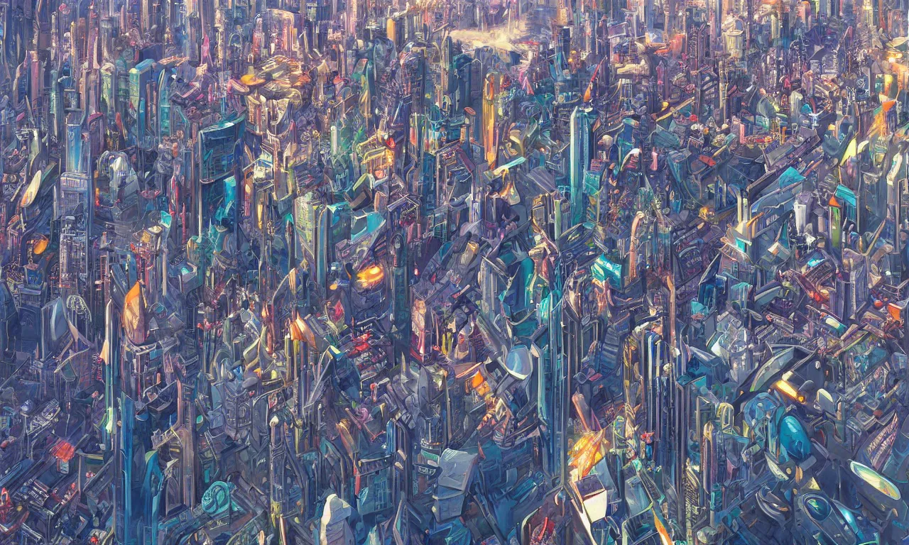 Prompt: futuristic city, illustration painting, oil on canvas, intricate, hd, digital art, overdetailed art, complementing colors, detailed, illustration painting by alex gray, digital art, moebius