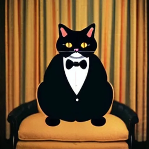 Image similar to photograph of a very fat and judgmental cat wearing a full tuxedo sitting in a dimly lit parlor lounge