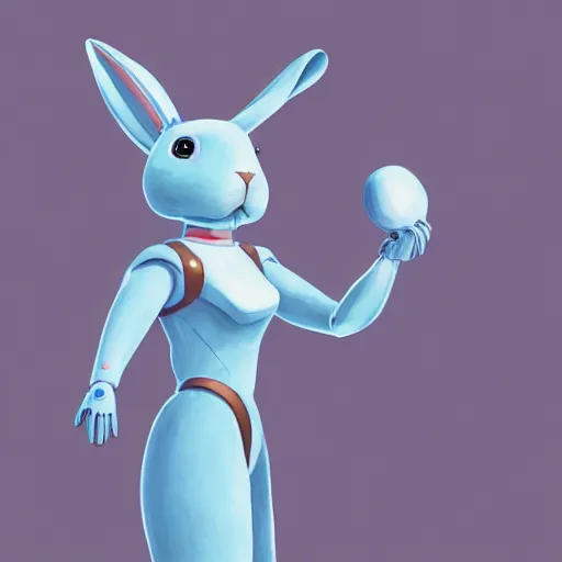 Prompt: anthropomorphic rabbit robot with human characteristics in an arena, artstation, by hayao myazaki, concept art, digital art, light blue, 2 - dimensional, 2 d