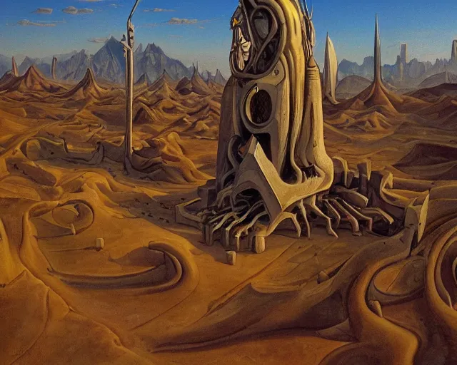 Image similar to strange cyberpunk pagan giant monument in the middle of the desert in the style of dali and bosch and moebius, oil painting