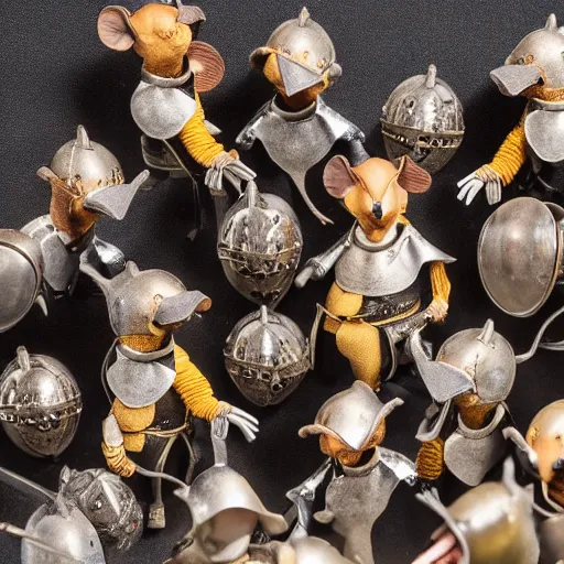 Image similar to photo of a diorama of mice in medieval battle armor, studio lighting, nikon lens, black background