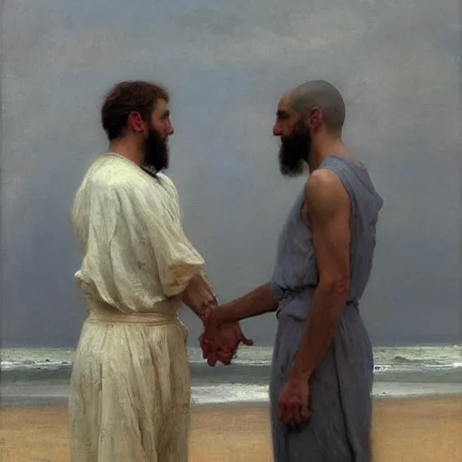 Image similar to A portrait of God and Death shaking hands, vertical symmetry, wide shot, photorealistic, beautiful moody artwork by Ilya Repin and Asher Duran