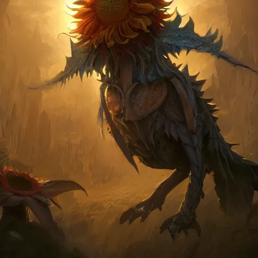 Image similar to Anthropomorphized sunflower, D&D, fantasy, cinematic lighting, highly detailed, digital painting, artstation, concept art, smooth, sharp focus, illustration, warm light, cozy warm tint, magic the gathering artwork, volumetric lighting, 8k, no gold, no gold colours, art by Akihiko Yoshida, Greg Rutkowski