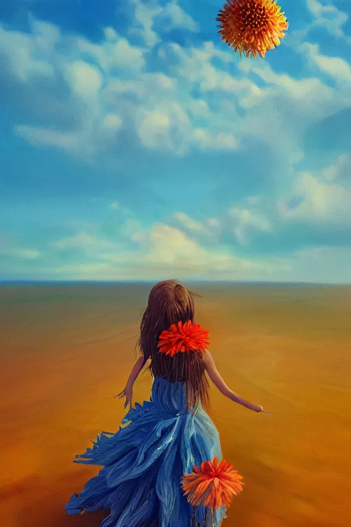 Image similar to closeup huge dahlia flower head, girl with dress on beach, surreal photography, blue sky, sunrise, dramatic light, impressionist painting, digital painting, artstation, simon stalenhag