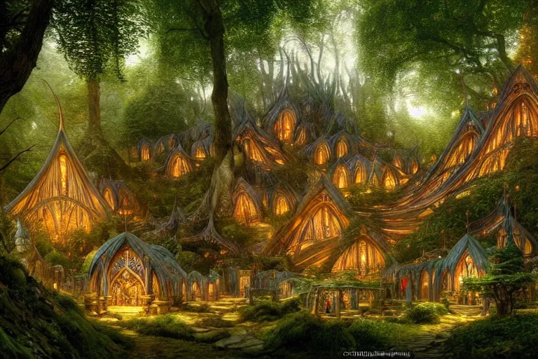 Prompt: a beautiful and highly detailed digital painting of an elven village in a mystical forest, lothlorien, rivendell, stained glass, celtic designs, intricate details, epic scale, hyperdetailed, hyperrealism,, artstation, cgsociety, 8 k, sharp focus, by caspar friedrich, james gurney, zeen chin, brian froud,