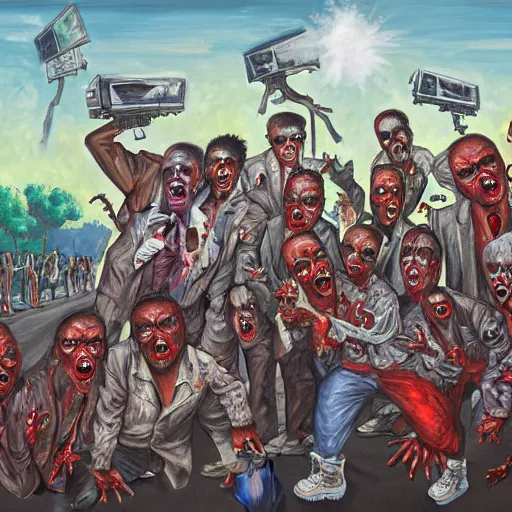 Prompt: zombies shooting a rap video in the ghetto by justin bua, oil on canvas