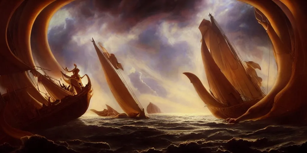 Image similar to Odysseus's ship sailing past the gates of Hell, by Rolf Armstrong and Evelyn De Morgan and Bastien Lecouffe-Deharme, dramatic lighting, high contrast colors, baroque, empyrean, panoramic view, as trending on Artstation, highly detailed, doom engine,