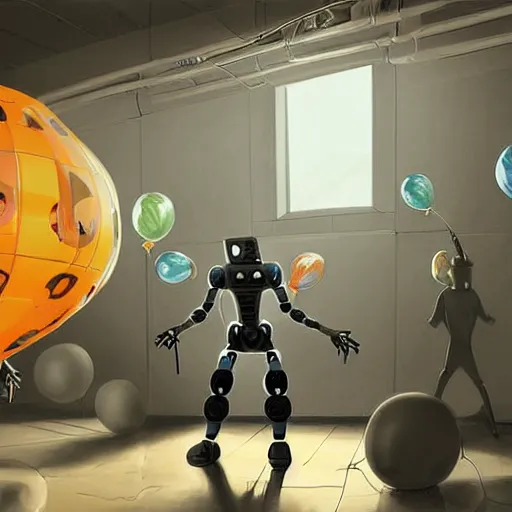 Prompt: digital painting of a ninja robot in a room full of birthday baloons , concept art, by Ralph mcquarrie, sunlight pouring through window, huge scale, high detail, futuristic, godrays, volumetric lighting, warm lighting