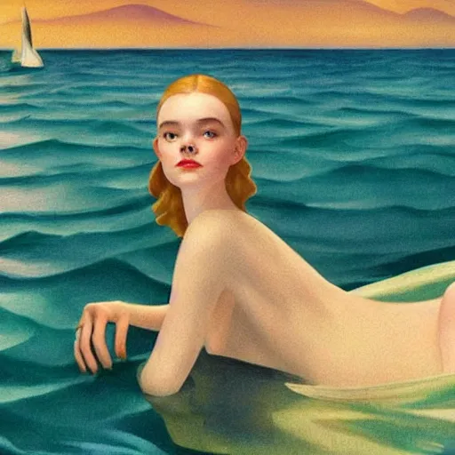 Image similar to Elle Fanning, head and shoulders masterpiece, in rapture, golden hour, underwater, art-station, in the style of Art Deco and Edward Hopper and Bosch, extremely detailed