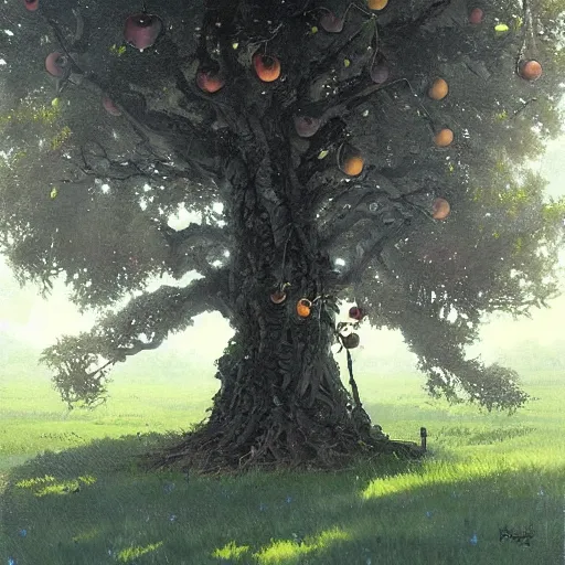 Prompt: a tree with many black black apples (((leaves))) !!!!!!!black apples!!!!!!!!, painted by rossdraws, greg rutkowski, thomas kindkade