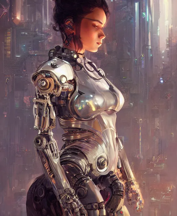 Prompt: portrait of a cyberpunk robot, half body, d & d, fantasy, intricate, elegant, highly detailed, digital painting, artstation, concept art, art by artgerm and greg rutkowski and alphonse mucha
