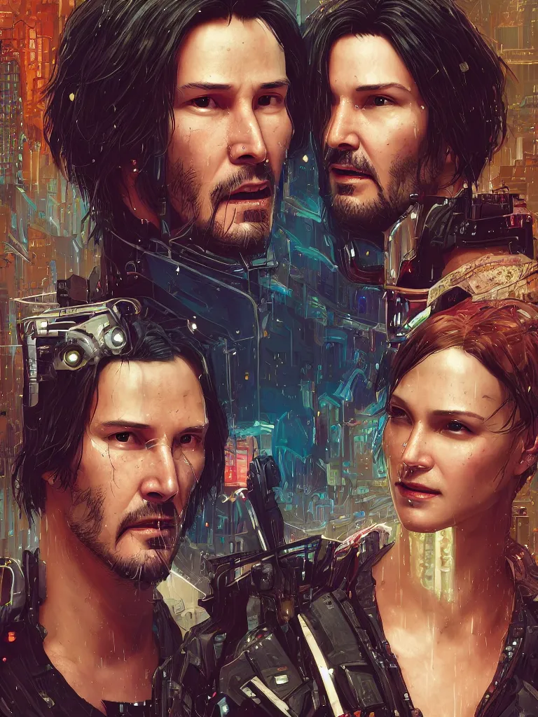 Image similar to a cyberpunk 2077 wedding couple portrait of Keanu Reeves and V kissed,love,film lighting,by Lawrence Alma-Tadema,Andrei Riabovitchev,Laurie Greasley,Dan Mumford, John Wick,Speed,Replicas,artstation,deviantart,FAN ART,full of color,Digital painting,face enhance,highly detailed,8K,octane,golden ratio,cinematic lighting