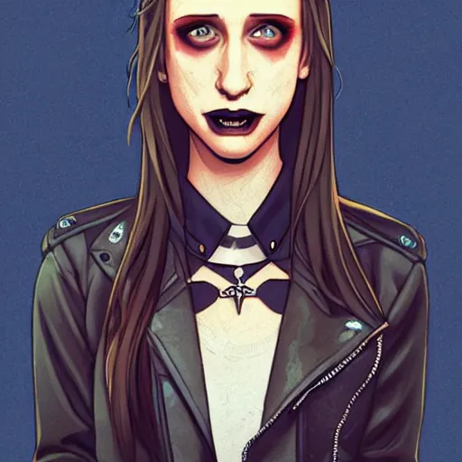 Image similar to pretty female Taissa Farmiga vampire, Jamie McKelvie comic art, Peter Mohrbacher sharp vampire teeth, sarcastic smile showing teeth, symmetrical eyes, realistic face, symmetrical face, brown leather jacket, jeans, long black hair, full body