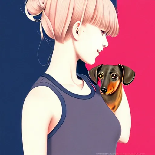 Image similar to richly detailed color  illustration of a dainty pretty young woman wearing a tank top, 'My pet dachshund' is the theme, very soft shadowing, smooth textures, large scale image. art by Range Murata.