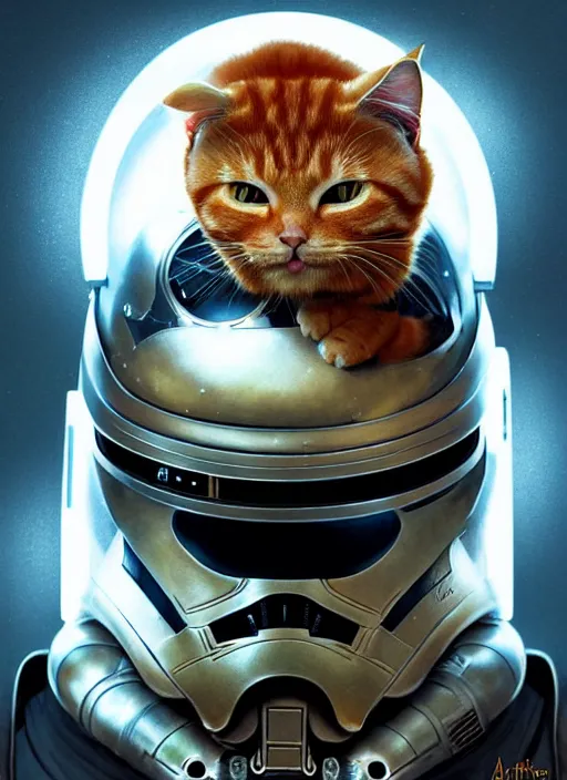 Prompt: ginger cat inside a star wars helmet, star wars, beautiful glowing lights, sci - fi, stunning, intricate, elegant. highly detailed, digital painting. artstation. smooth. sharp focus. illustration. art by artgerm and greg rutkowski and alphonse mucha