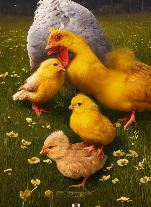 Prompt: a hen and her two cute small yellow chicks on a meadow, mama movie poster by nuri iyem, james gurney, james jean, greg rutkowski, anato finnstark. pixar. hyper detailed, 5 0 mm, award winning photography, perfect faces