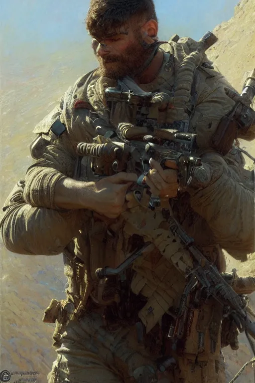 Image similar to decorated navy seal multiple confirmed kills, depressed, highly detailed painting by gaston bussiere, craig mullins, j. c. leyendecker 8 k