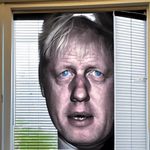 Image similar to window blinds in a house being pulled back to reveal a terrifying boris johnson staring at you through the window with his hand on the window, horror, black and white