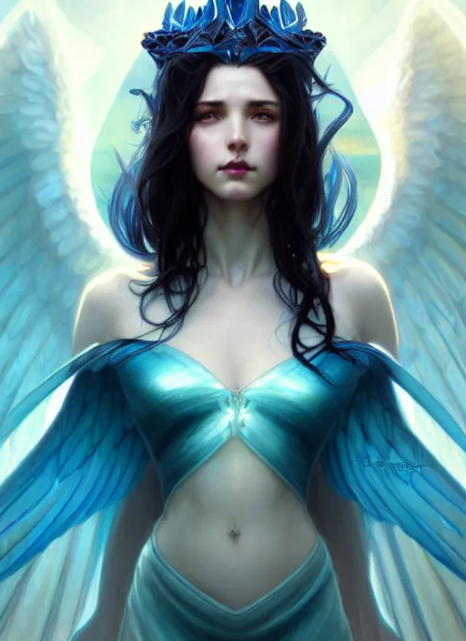 Image similar to a beautiful cinematic female archangel queen, fantasy sea landscape, fantasy magic, short aqua blue black fade hair, dark light night, intricate, elegant, sharp focus, illustration, highly detailed, digital painting, concept art, matte, art by WLOP and Artgerm and Greg Rutkowski and Alphonse Mucha, masterpiece