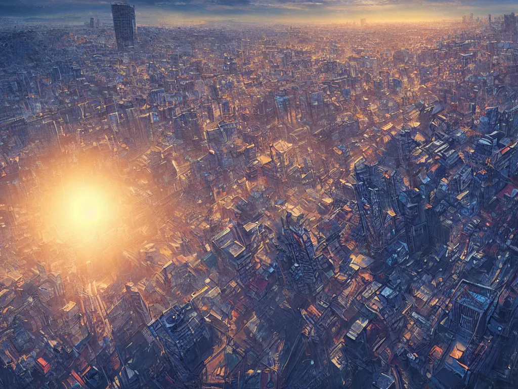 Prompt: birdseye view of a sunrise over a city, art by yoshitaka amano and alena aenami, cityscape