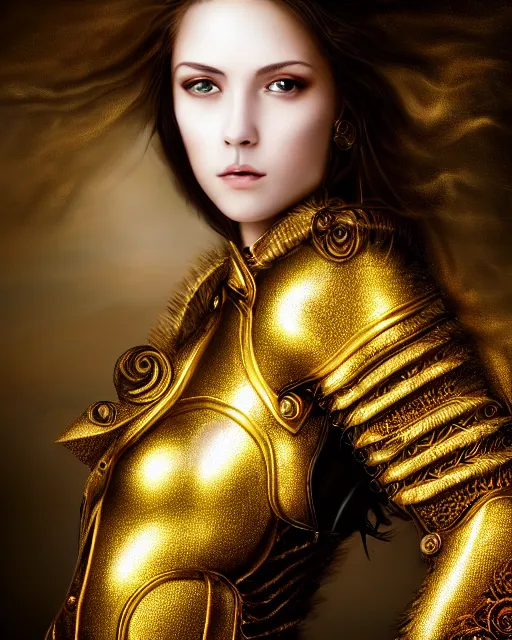 Prompt: airbrush portrait of woman in shining golden armor, high production value, intricate details, high resolution, hdr, high definition, masterpiece, realistic, ultrarealistic, highly detailed, hd, sharp focus, non blurry, sharp, smooth