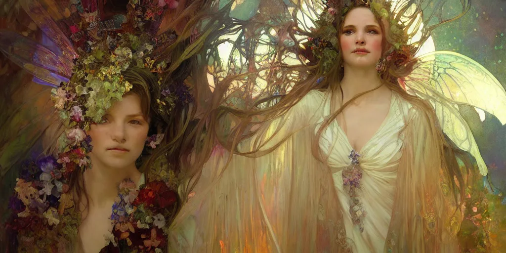 Image similar to hyperrealist portrait of a fairy girl emperorit is decorated with long robes that fall like stars and wears a huge crown. by jeremy mann and alphonse mucha, fantasy art, photo realistic, dynamic lighting, artstation, poster, volumetric lighting, very detailed faces, 4 k, award winning