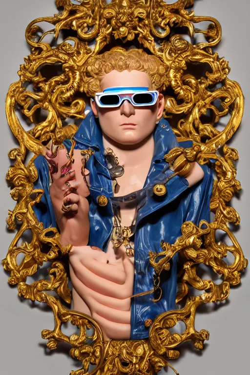 Image similar to full-body neon porcelain bladerunner and rococo style sculpture of a young handsome Cuban prince wearing retro shades and a gold chain, half android face, porcelain chest opening exposing circuitry and electric sparks, glowing laser beam eyes, crown of giant diamonds, flowing neon-colored silk, fabric, raptors. baroque elements. full-length view. baroque element. intricate artwork by caravaggio. many many birds birds on background. Trending on artstation, octane render, cinematic lighting from the right, hyper realism, octane render, 8k, depth of field, 3D