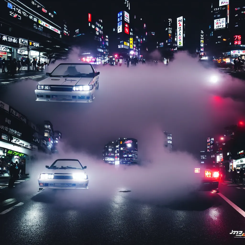 Image similar to JZX100 twin turbo drift in Shibuya, misty night