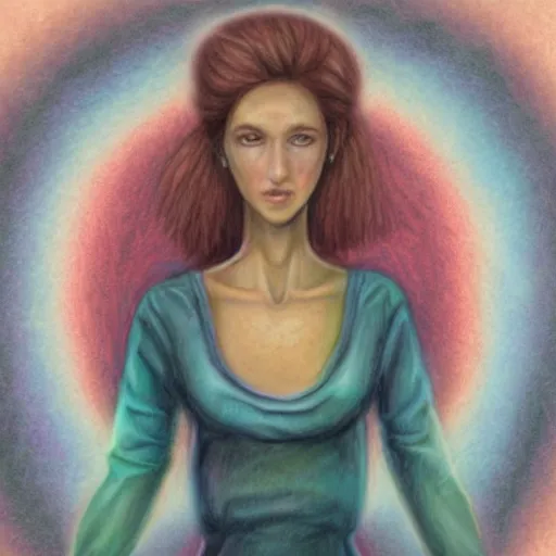 Prompt: detailed realistic fantasy pastel and pencil illustration of a beautiful woman with glowing eyes, stands in center with open arms.