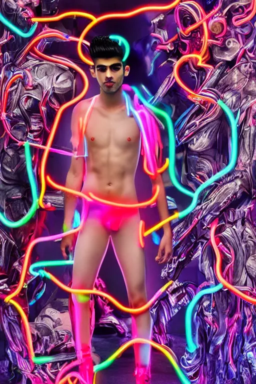 Prompt: full-body neon porcelain gucci bladerunner greek style sculpture of a young handsome Zayn Malik shirtless as a high-fashion half-robot with a porcelain body with an opening exposing a battery leaking radioactive liquid, electric sparks, glowing violet laser beam eyes, crown of giant rubies, flowing pink and orange neon-colored silk, luminescent fabrics, mechanical raptors. baroque and steampunk elements. full-length view. baroque element. intricate artwork by caravaggio. Very very very very highly detailed epic photo of face. Trending on artstation, octane render, cinematic lighting from the right, hyper realism, octane render, 8k, depth of field, 3D