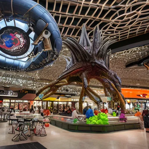 Image similar to extraterrestrial food court at mall on another planet, Jim Henson creature shop, highly detailed