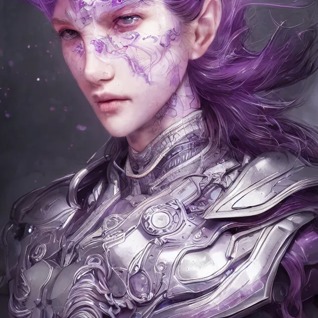 Image similar to close facial portrait of a pale woman in sci - fi armor with a flowing purple, elegant, stoic, intense, ultrafine hyperdetailed illustration by kim jung gi, irakli nadar, intricate linework, sharp focus, bright colors, octopath traveler, final fantasy, hearthstone, highly rendered, global illumination, radiant light, detailed, intricate environment