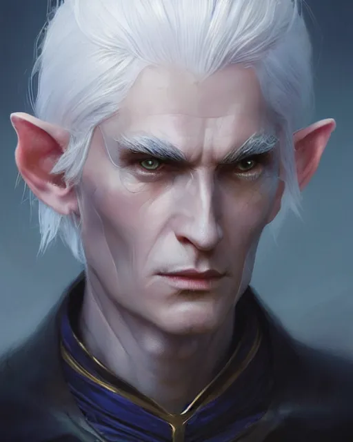 Prompt: character portrait of a slender half - elven man with white hair and intense blue eyes, by greg rutkowski, mark brookes, jim burns, tom bagshaw, trending on artstation