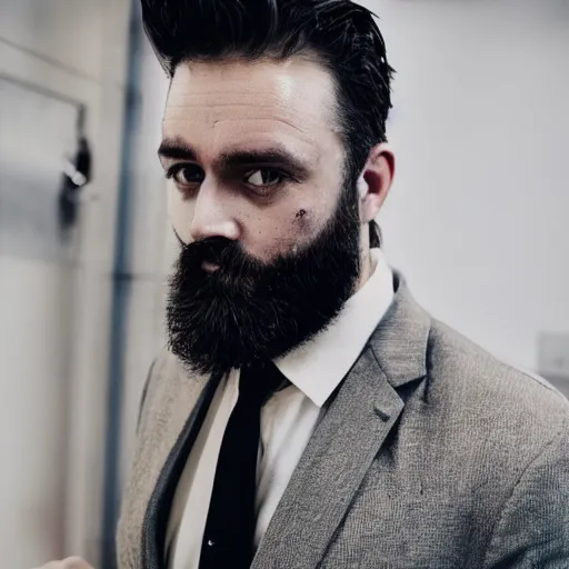 Prompt: A photo of a healthy man, messy hair, eyes, thick beard, suit, office, grungy, scars, waste barrels
