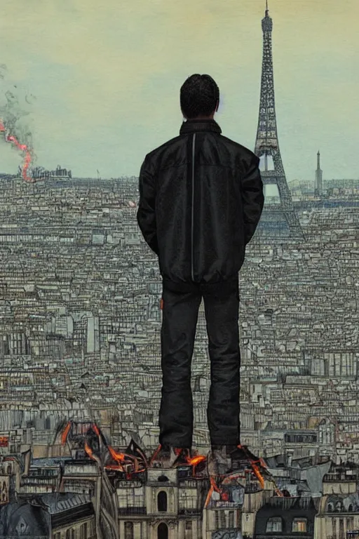 Prompt: in the foreground Paris, in the background a dark-haired man from behind playing with black flames coming out of his hands wearing a long matrix-style jacket, realistic, high definition, many details, dramatic scene, symmetrical face, realistic eyes, art of enki bilal