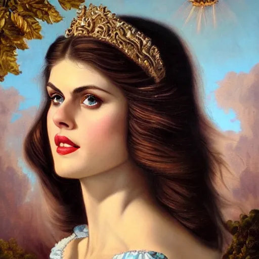 Prompt: alexandra daddario with long hair, ultra detailed, beautiful eyes, decolte, by greg hildebrandt fancy rococo baroque oil painting high quality clothed in fancy garb in pin up style