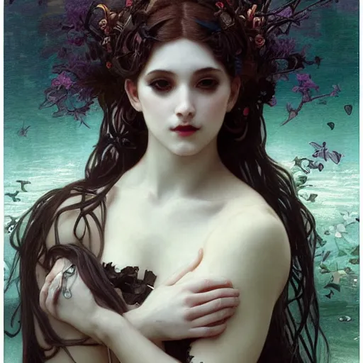 Prompt: goth mermaid, intricate, art by artgerm and greg rutkowski and alphonse mucha and william - adolphe bouguereau, high detailed, 4 k,