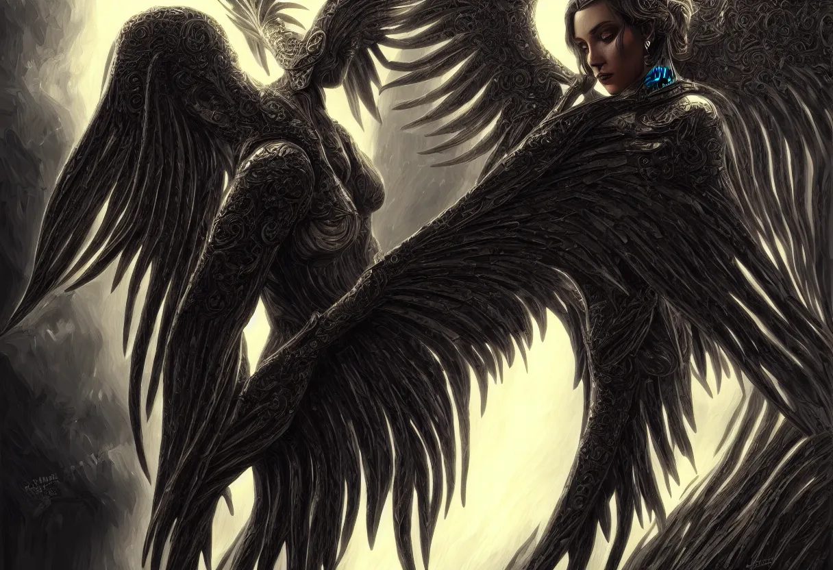 Image similar to detailed portrait of a big dark angel spread wings, diffuse lighting, scifi fantasy, intricate, highly detailed, lifelike, photorealistic, digital painting, artstation, illustration, concept art, smooth, sharp focus,