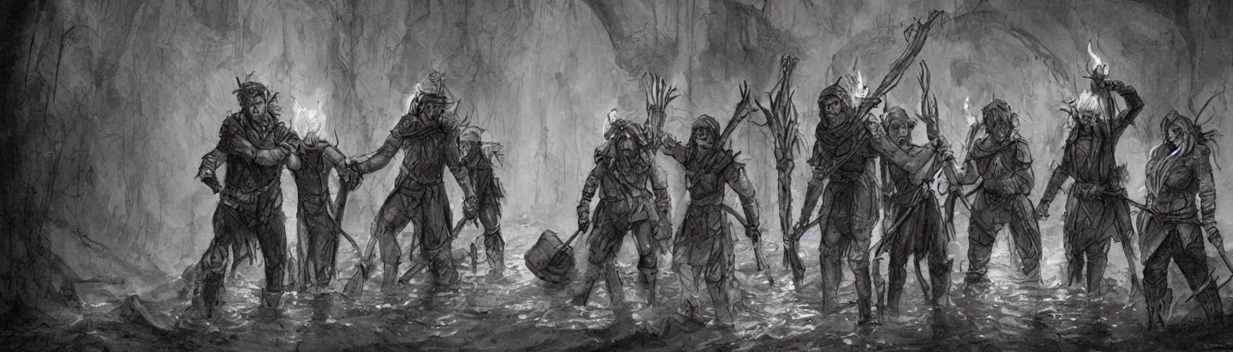 Prompt: adventurers carrying torches wade through waist - deep flooded sewer tunnels. fantasy art, underground, stream, crumbling masonry, darkness, sewage falling from grates, abandoned spaces, torchlight. sketch art. roots, mud, mushrooms, d & d.