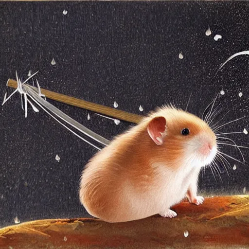 Prompt: japanese hamster samurai. with long sword. anime art. painting. rain of meteors on background. hyper realistic image