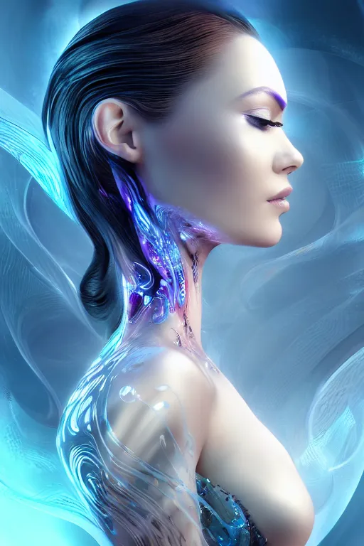 Image similar to a profile photo real render of an alluring futuristic goddess with digital modifications surrounded by a underwater ink pour and flowing liquid gallium and complex sacred geometry, perfect body and face, powerful, cinematic, beautifully lit, by artgerm, by karol bak, 3 d, trending on artstation, octane render, 8 k