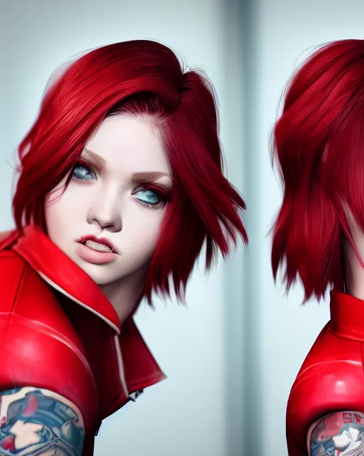 Image similar to a girl with short red hair, cool, vi from arcane, league of legends, fighter, cool red jacket, tattoo, beautiful, 3 d, potrait, art staion, studio light, closeup shot, octane render, wlop, realistic, neon