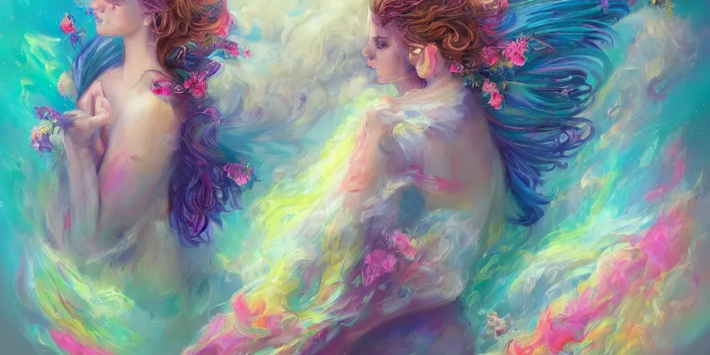 Image similar to a colorful and provenance portrait painting of a angel with her hugeflowers wings spread out gracefully, highly saturated colors, highly detailed, hair made of hair made of air wind and curling smoke, mist, dust, genie, flowers, flower, stars, spirit fantasy concept art, art by charlie bowater and aenami, trending on artstation.