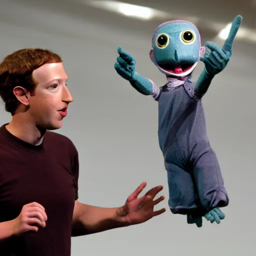 Prompt: Mark Zuckerberg alien puppeteering marionette mark zuckerberg. photograph.