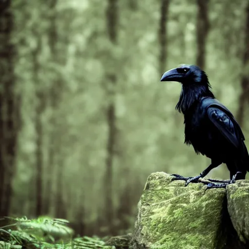 Image similar to creature consisting of a crow and a human, werecrow, photograph captured in a dark forest